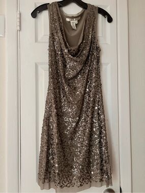 Max Studio Taupe Sequin Cowl Neck Midi Dress